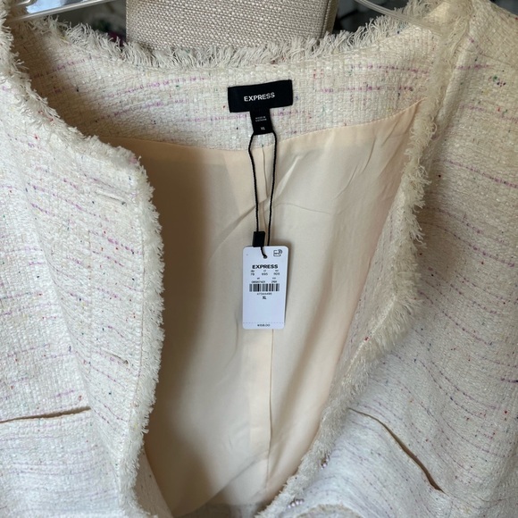 NWT Express Fringe Tweed Novelty Button Cropped Jacket Blazer, Beige / Pink, XL - Picture 5 of 9